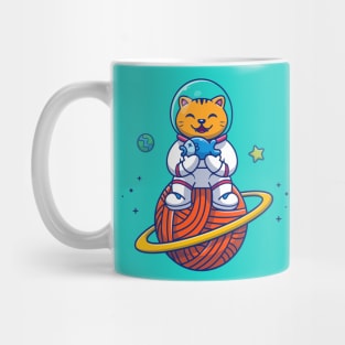 Cute Cat Astronaut Sitting On Planet Cartoon Mug